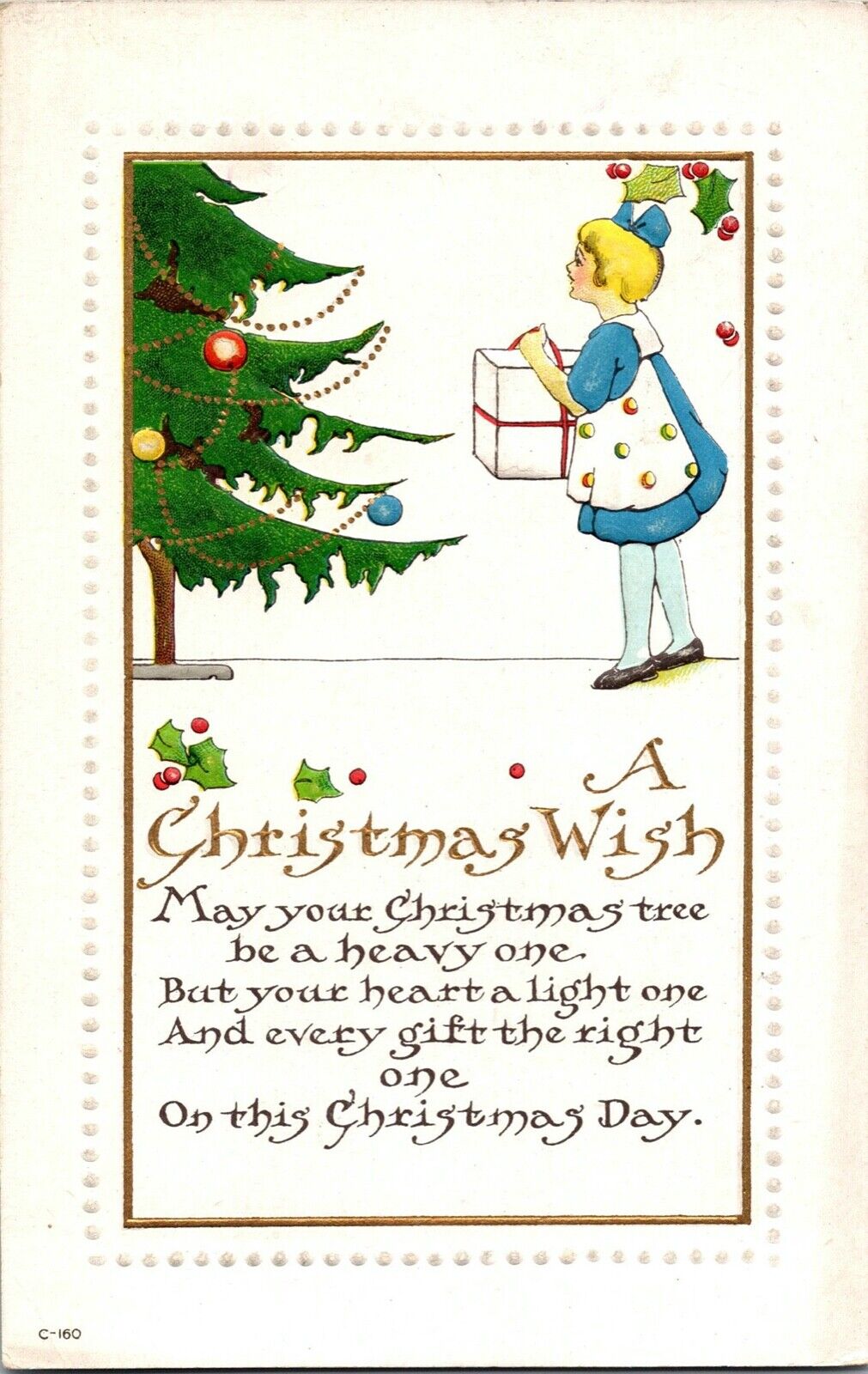 Vintage 1910\'s Christmas Antique Postcard featuring a Girl with Toys & Tree