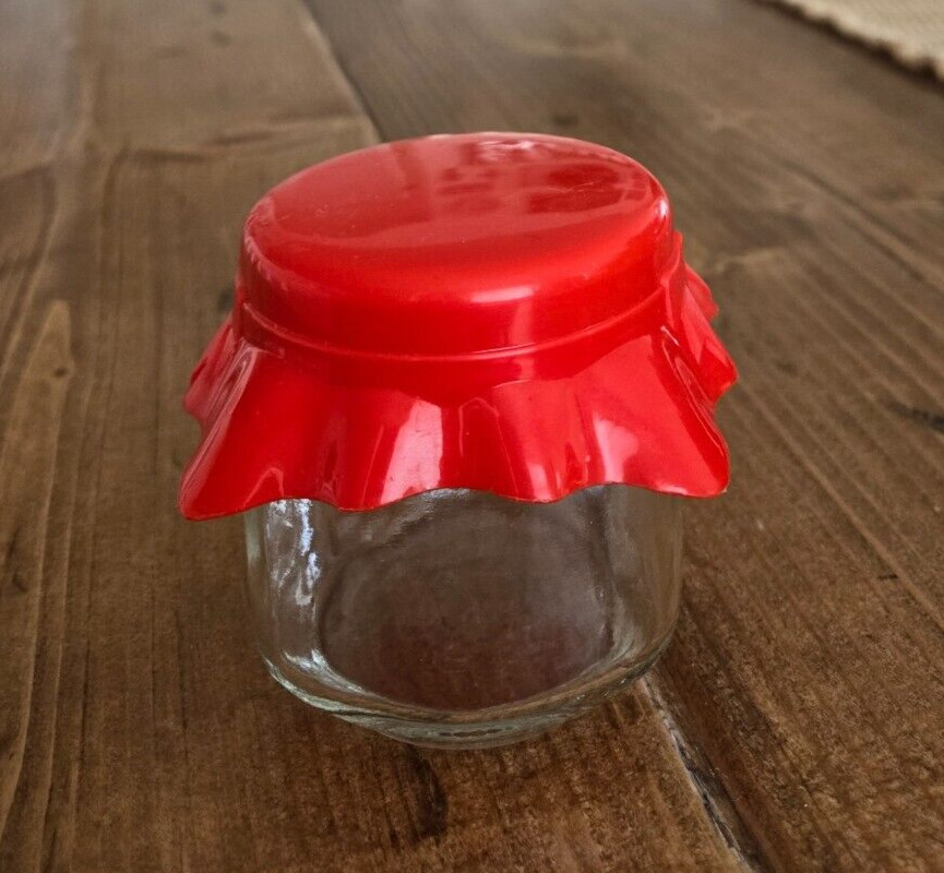 Solmaz Mercan Small Glass Jar Canister Container with Red Scallop Plastic Lid