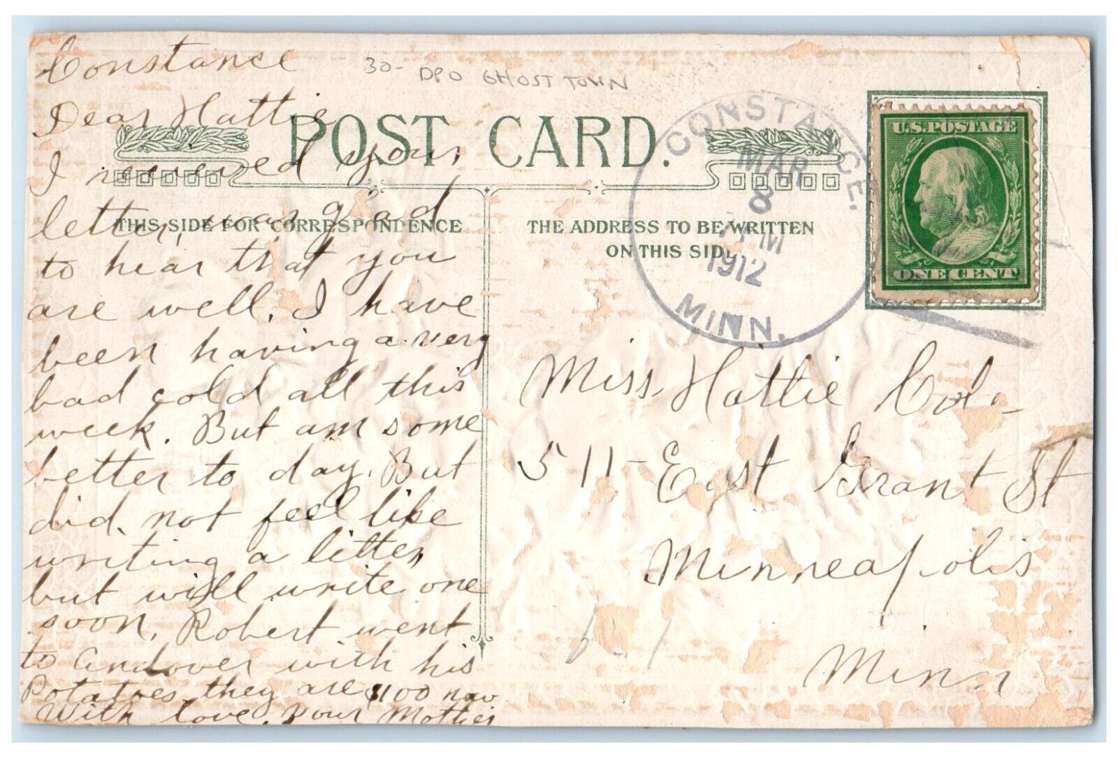 1912 Best Wishes Purple Flowers Ghost Town DPO Winsch Back Constance MN Postcard
