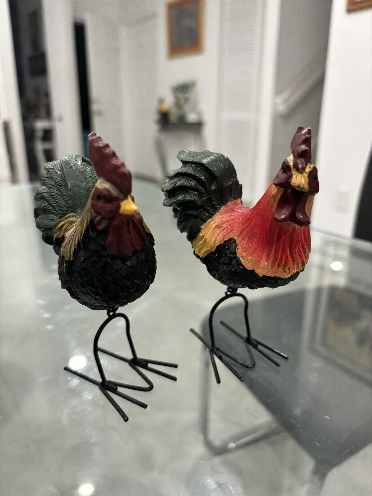 2 Rooster Chicken Hen Figurine Bobble with Metal Legs And Springs Resin 5”