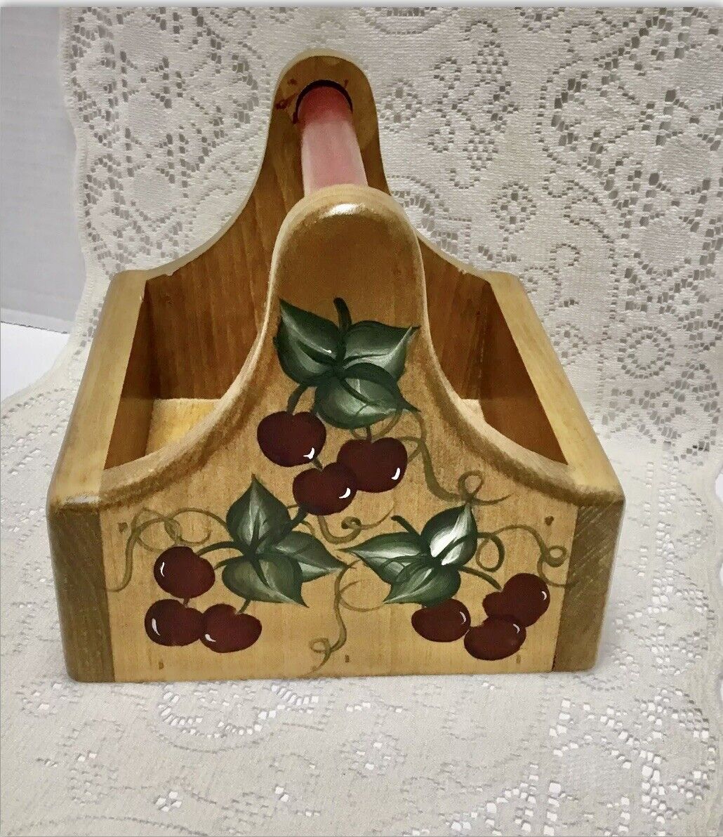 VTG WOODEN BOX w/ Handle ~Hand Painted CHERRIES ~ Farmhouse 1980’s Granny Core
