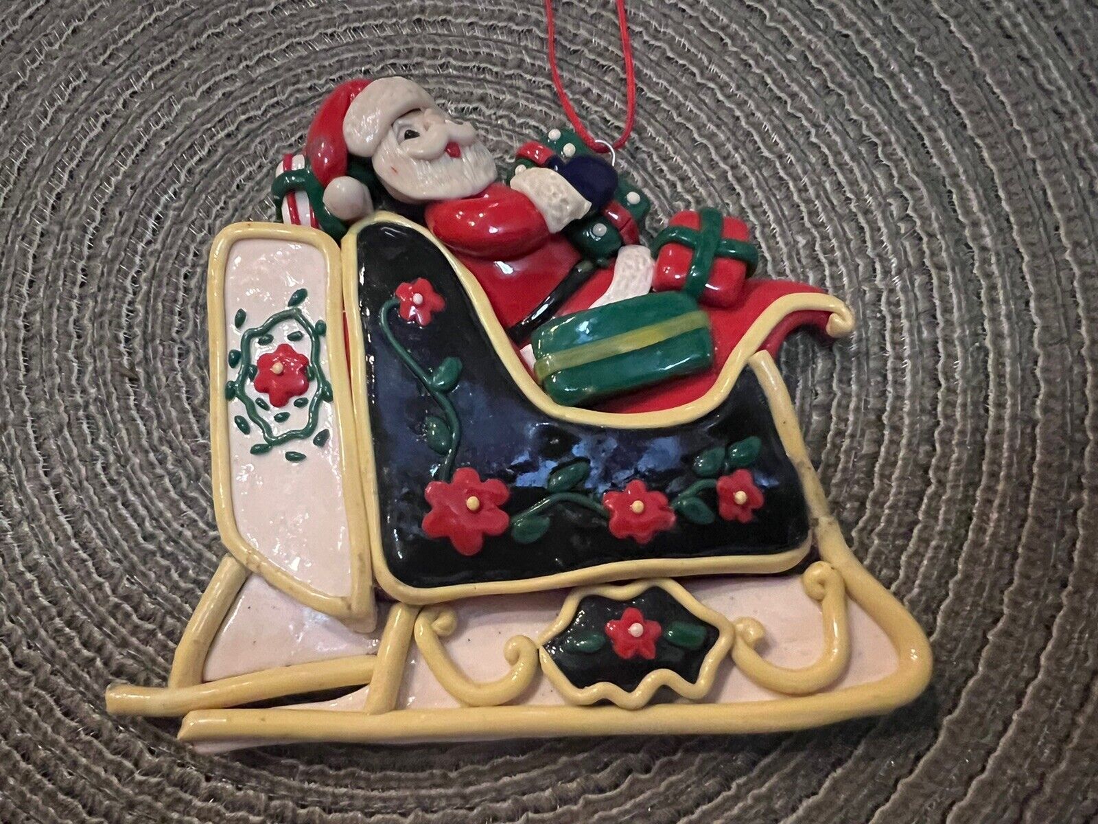 ANTIQUE RETRO SANTA ON SLEIGH ORNAMENT W/HOLLY TRIM Crafted of Rubber/Resin type