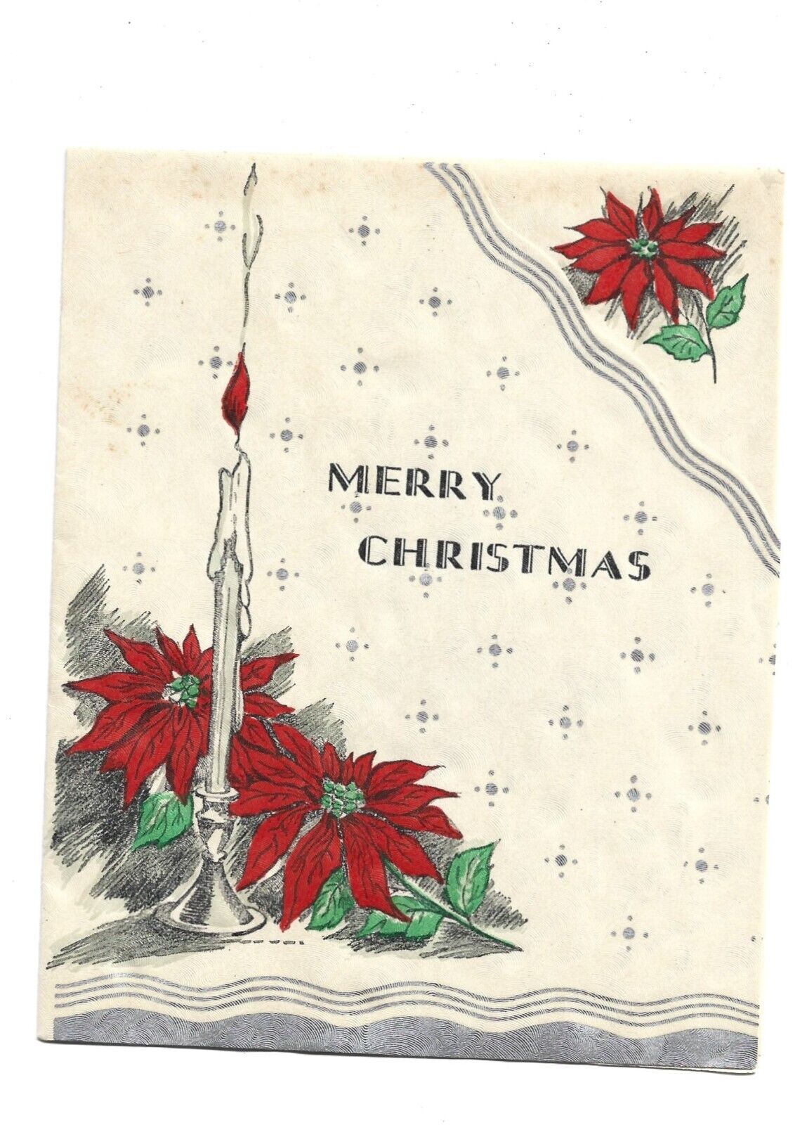Vintage Christmas Card SIMPLE Poinsettia & Candle Silver Trim 1930\'s 40\'s