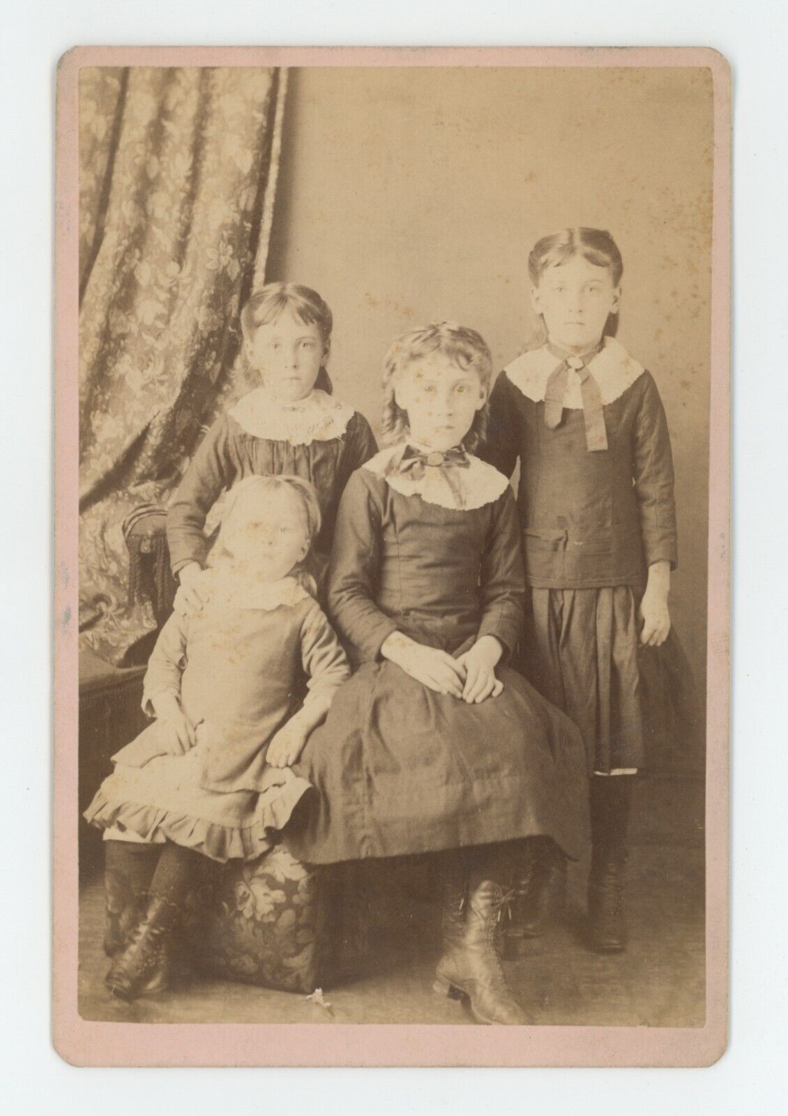 Antique Circa 1880s Cabinet Card 4 Adorable Girls Sisters? in Victorian Dresses