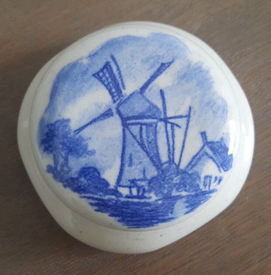 VTG Ceramic Small Trinket Container Round With Lid Blue Windmill Holland Dutch