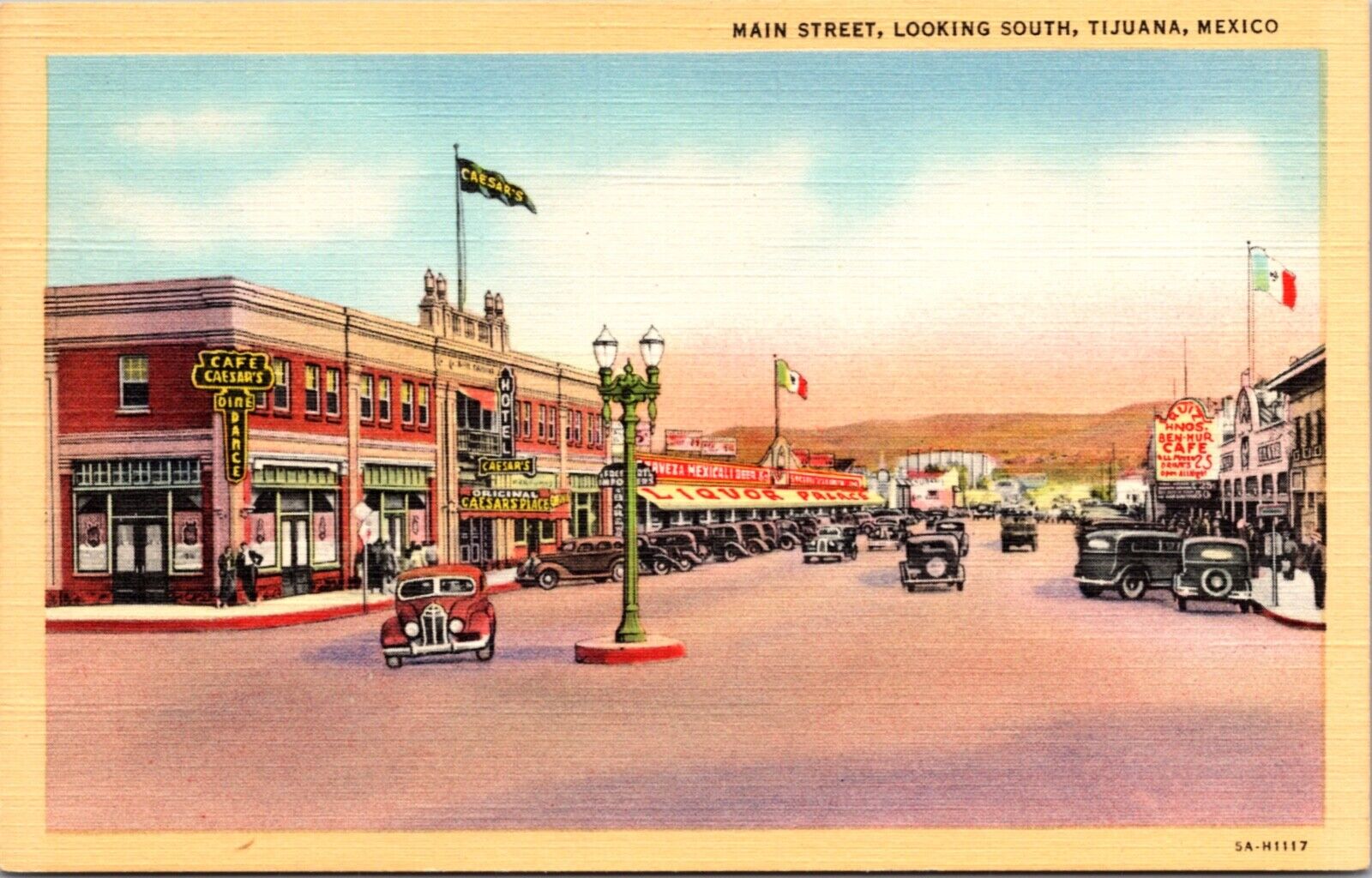 Linen Postcard Main Street Looking South in Tijuana, Baja California, Mexico