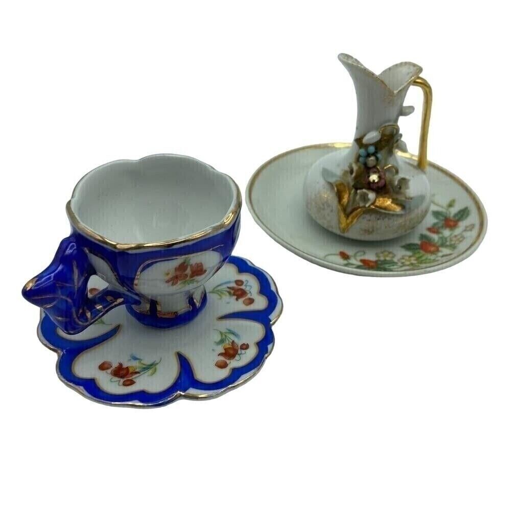 Vintg Golden Blu Cup-Saucer Caffe-te & Miniat Porcelain Pitcher & Wash Basil 24k