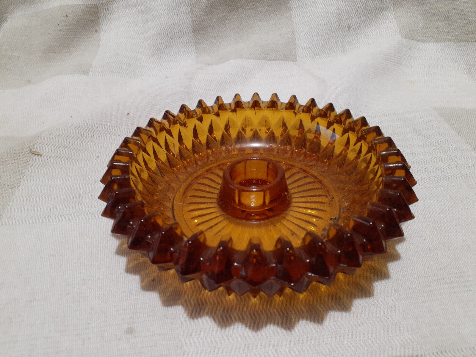 Vintage Amber Glass Taper / Peg Votive Candle Holder Sawtooth/Diamond 5 1/2”
