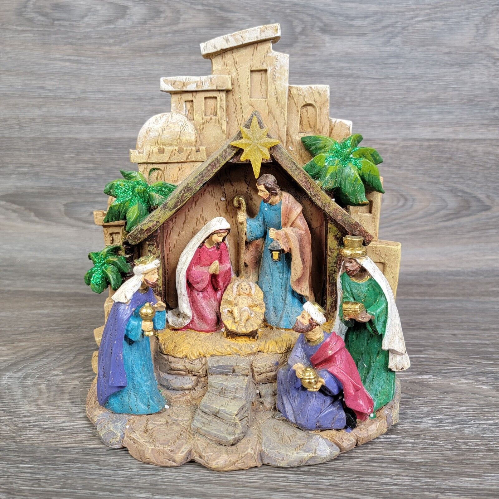 Vintage Roman Nativity Scene Carved Wood Lighted Christmas Decor Set Battery
