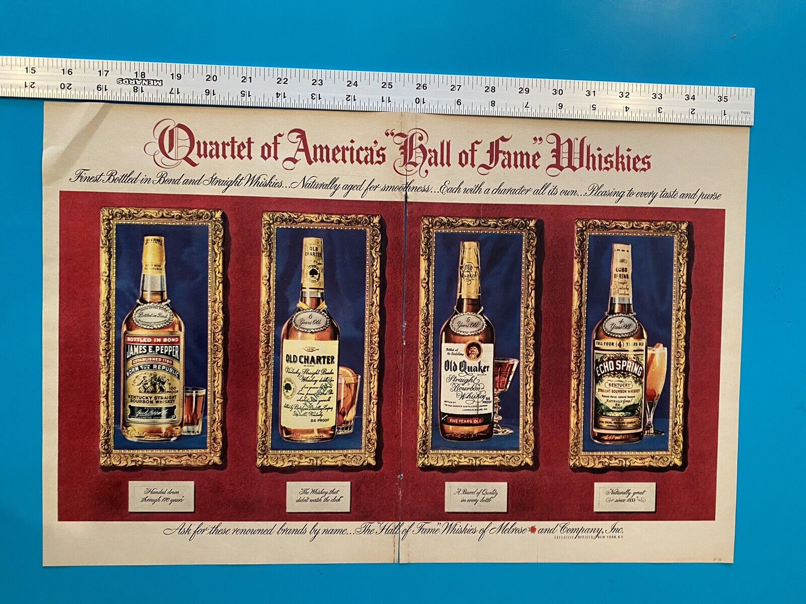 1950 QUARTET OF AMERICA’S HALL OF FAME WHISKIES Ad Double Page JAMES PEPPER