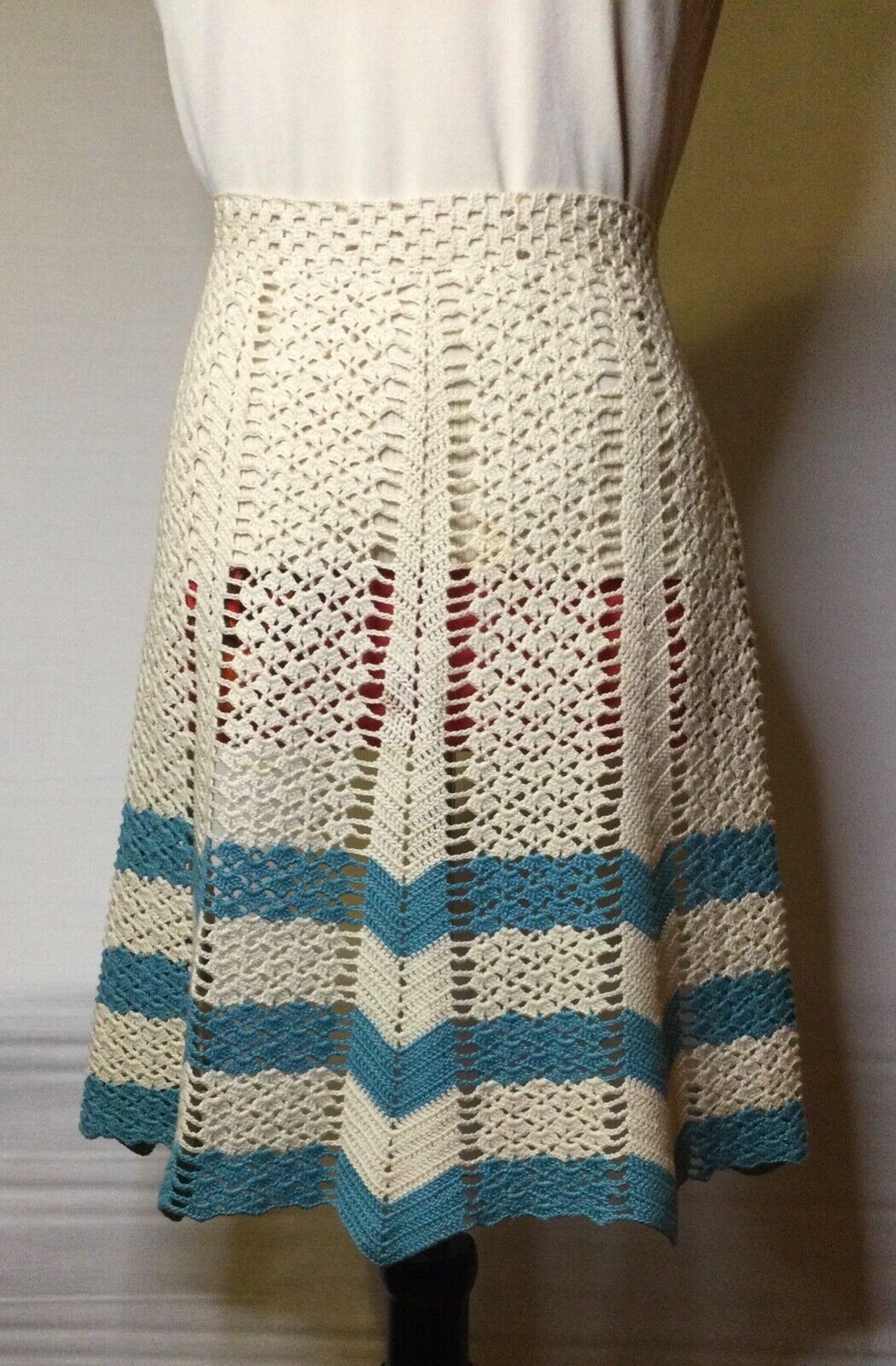 Vintage Handmade Crochet Chevron Knit Boho Ivory / Blue Kitchen Half Apron