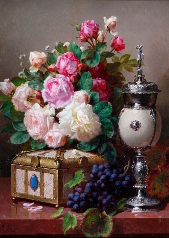 Stunning Oil painting Jean Baptiste Robie Belgian painter Treasure Chest flower