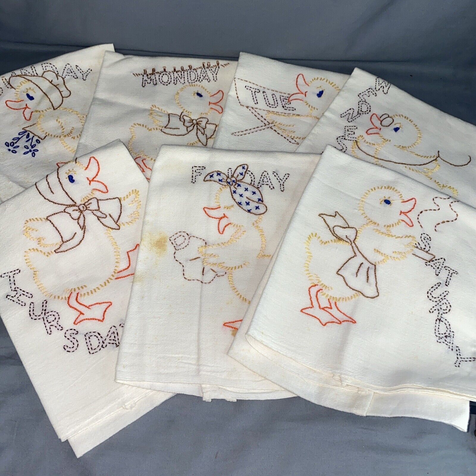 Lot of 7 Vintage Embroidery Kitchen Tea Towels Embroidered Ducks Days Of Week