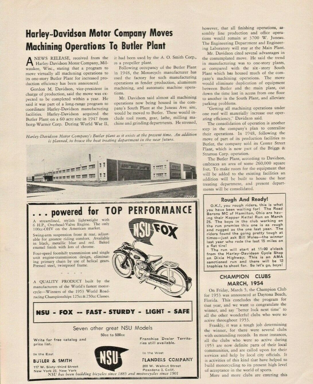 1954 Harley-Davidson Butler Wisconsin Factory Plant - Vintage Motorcycle Article