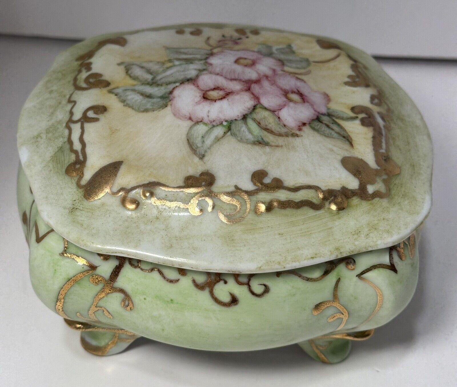 Vintage Porcelain Hand Painted Dresser Vanity Trinket Box Signed MP \'63 - Floral