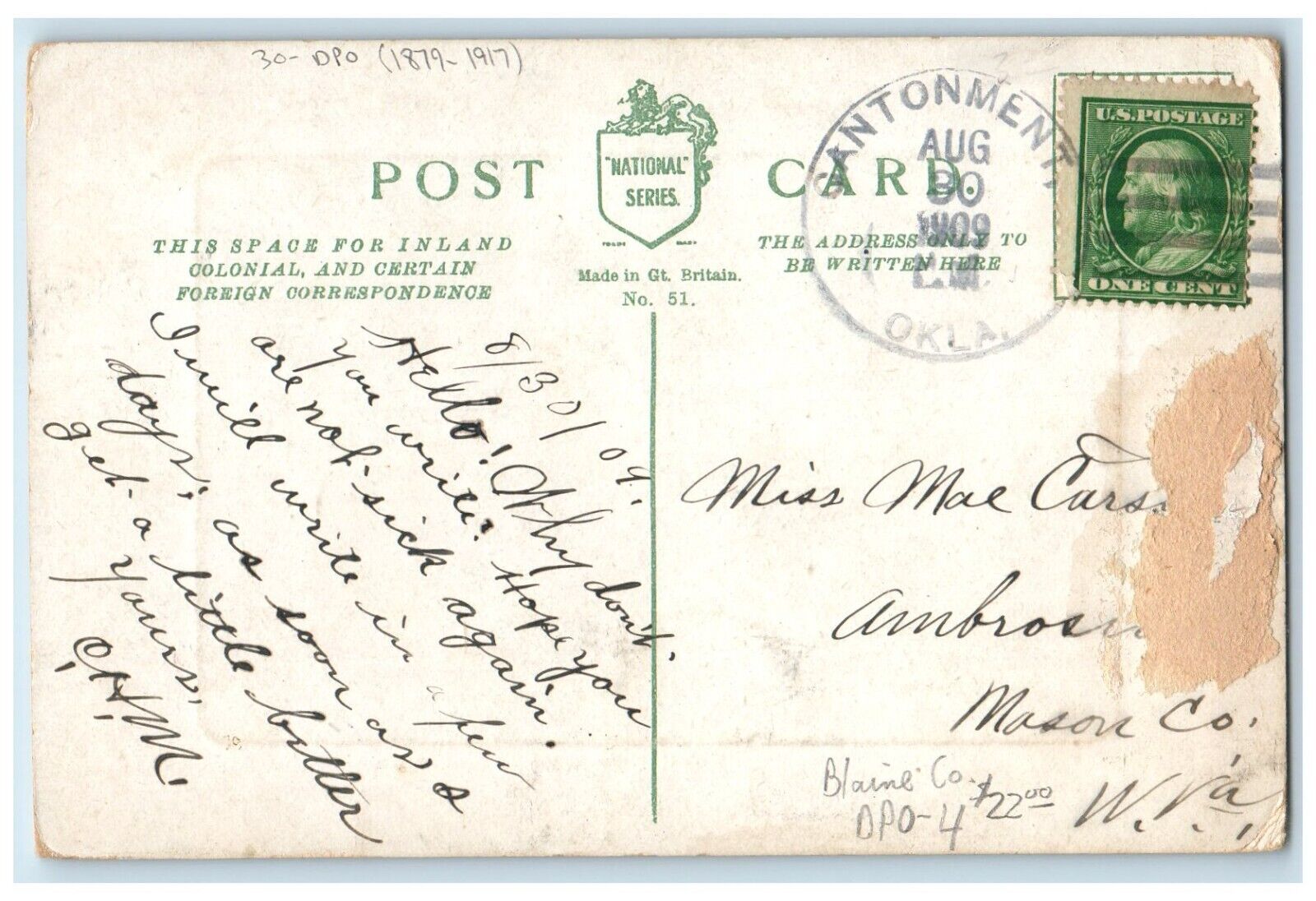 DPO 1879 1917 Cantonment OK Postcard The Sun Steeped Half The World In Bliss