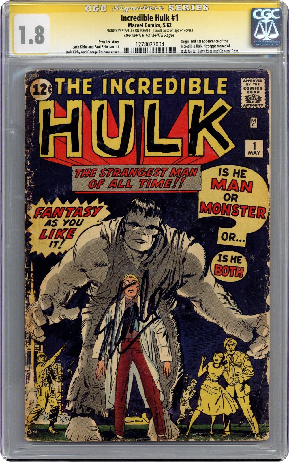 Incredible Hulk #1 CGC 1.8 SS Stan Lee 1962 1278027004 1st app. and origin Hulk