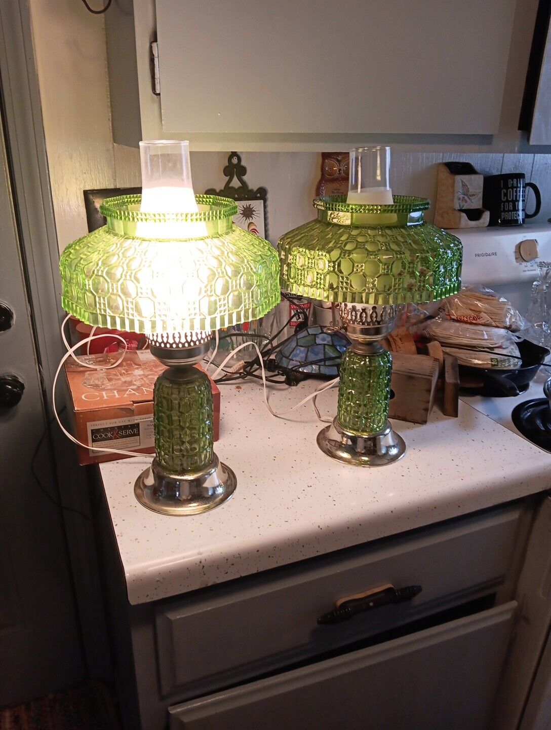Pair Vintage Large Green 60s 70s Lucite/Plastic  Table Lamps Gorgeous Retro 