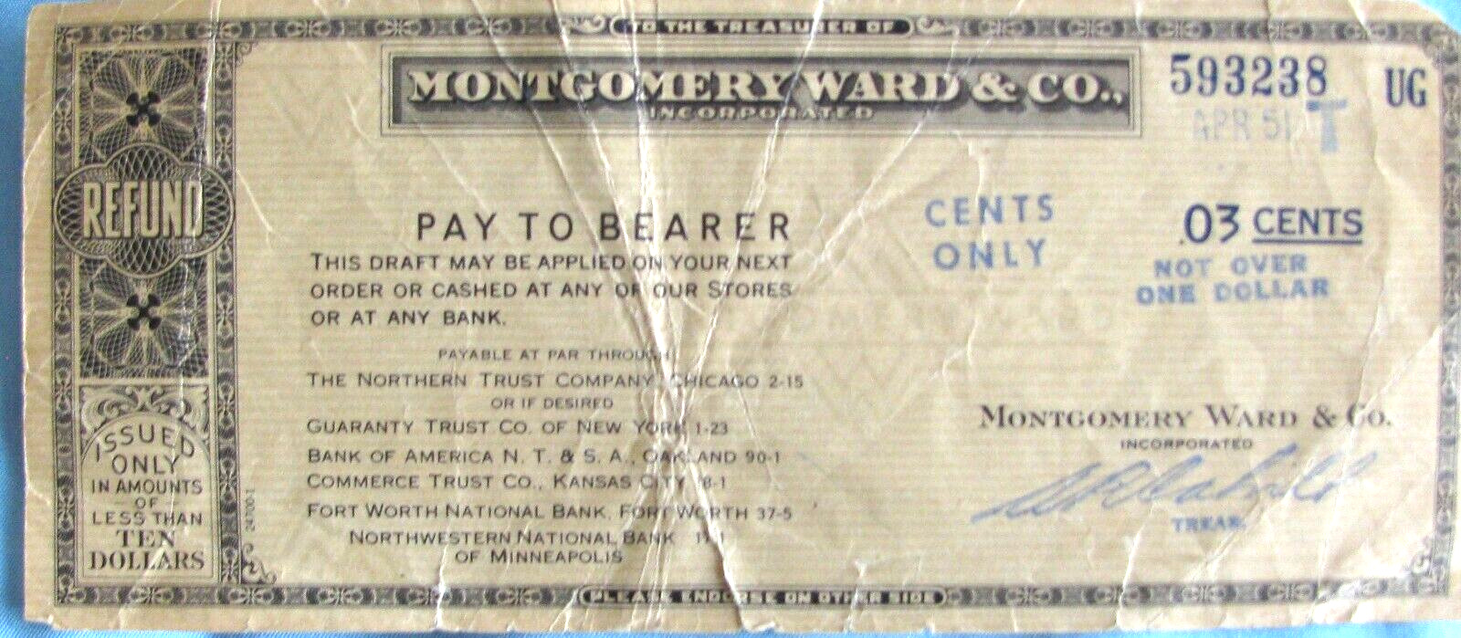Montgomery Ward & Co Check - April 1951 - 3 Cents  - Circulated - NB100