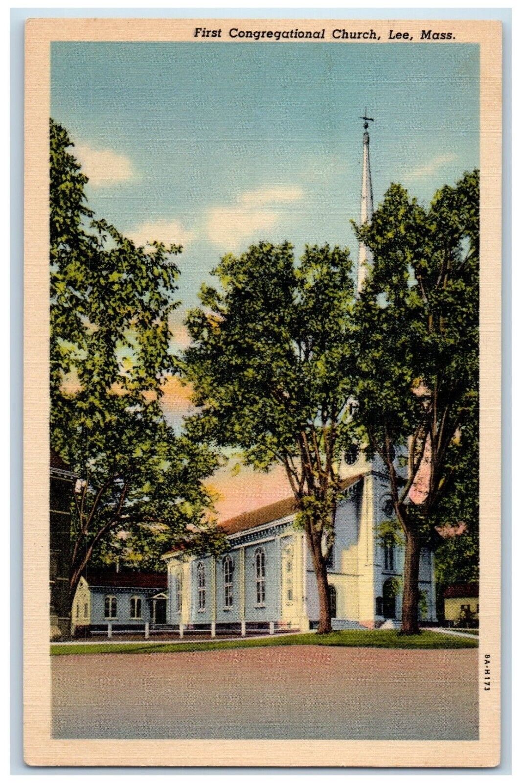 c1930\'s First Congregational Chruch Street View Lee Massachusetts MA Postcard