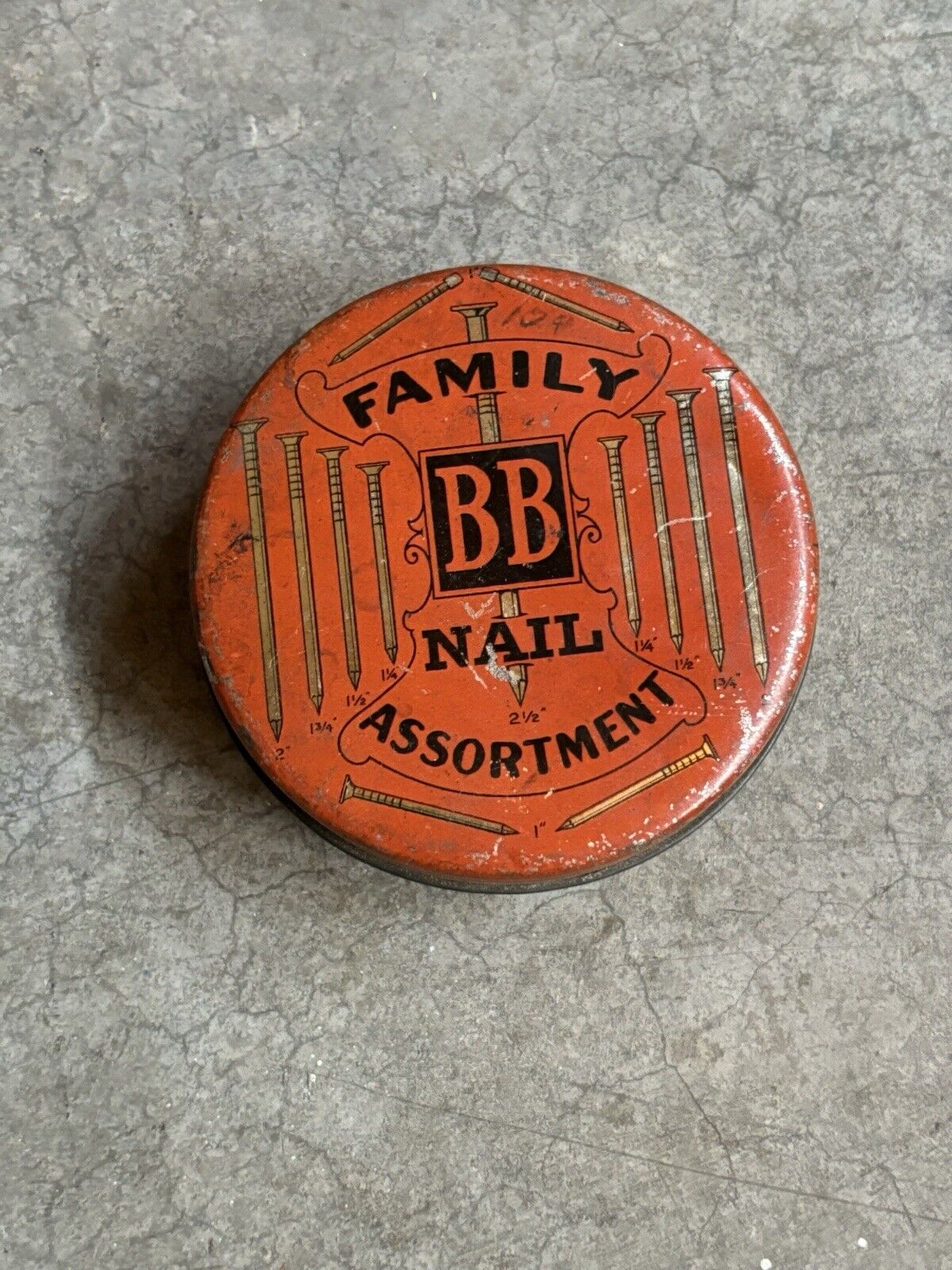 Nail Tin Orange Container Storage Vintage Advertising Fastener Shop Tool Box