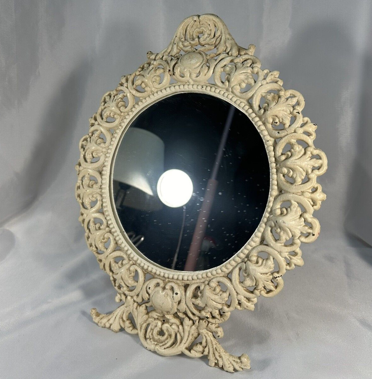 Art Nouveau Style Cast Iron Oval Ornate Dresser Mirror w/ Armrest Stand Vintage