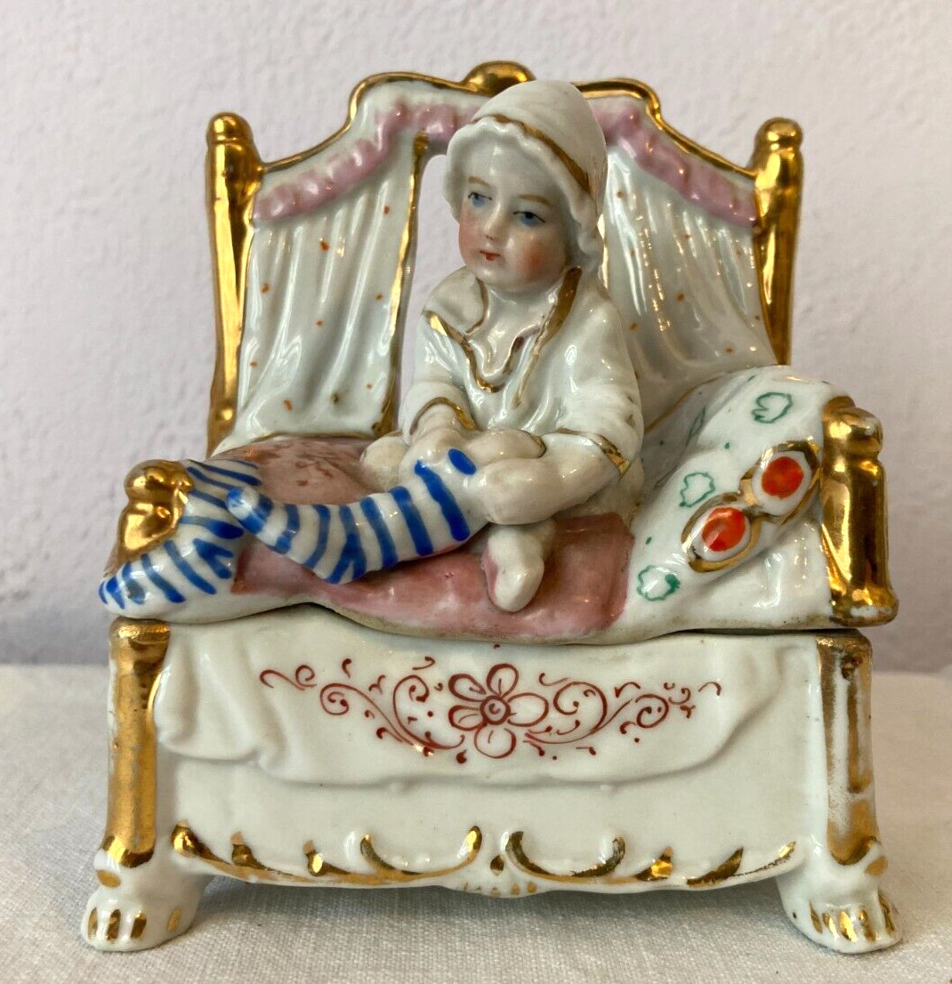Victorian 1880s Conta & Boehme Porcelain Fairing Trinket Box Bedtime Stockings