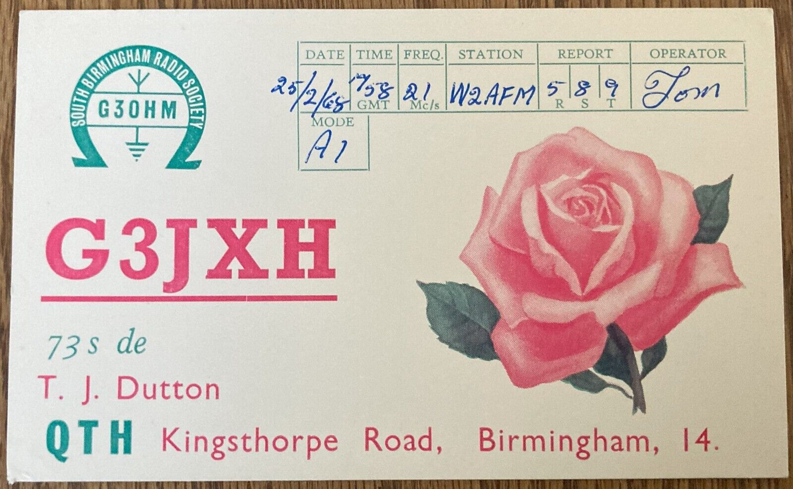 QSL Card - 1968 - Birmingham, England - T.J. Dutton - G3JXH - Postcard