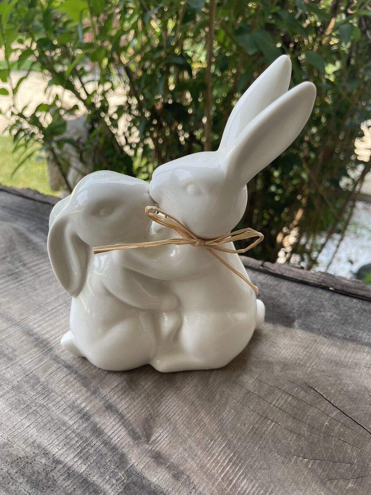 2 White Ceramic Kissing Bunnies Nose To Nose 6.25”X6”Home Decor Rabbits Figurine