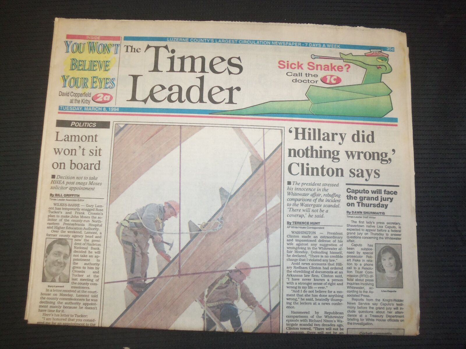 1994 MARCH 8 WILKES-BARRE TIMES LEADER -BILL: HILLARY DID NOTHING WRONG NP 7562