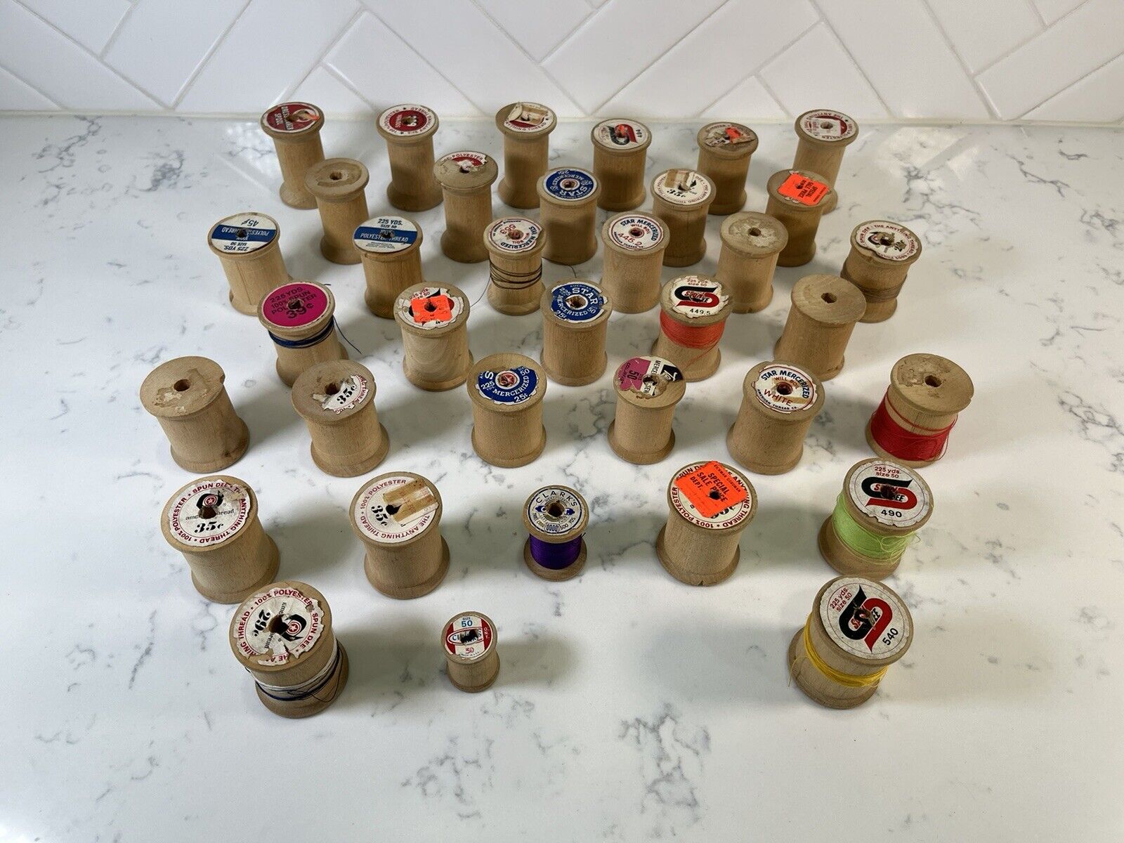 Lot of 36 Vintage Empty WOODEN SEWING THREAD SPOOLS Assorted Sizes