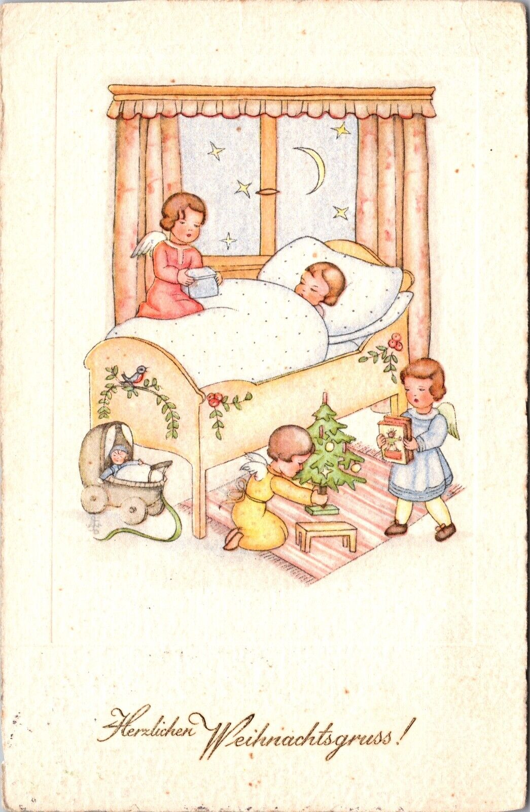 German Christmas Postcard Angel Girls Leaving Gifts for Sleeping Child