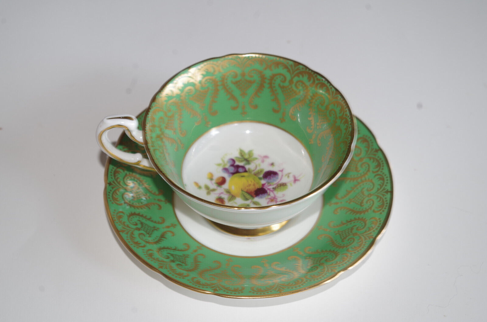 Vintage Paragon Bone China Teacup and Saucer Lime Green And Gold Fruit Pattern