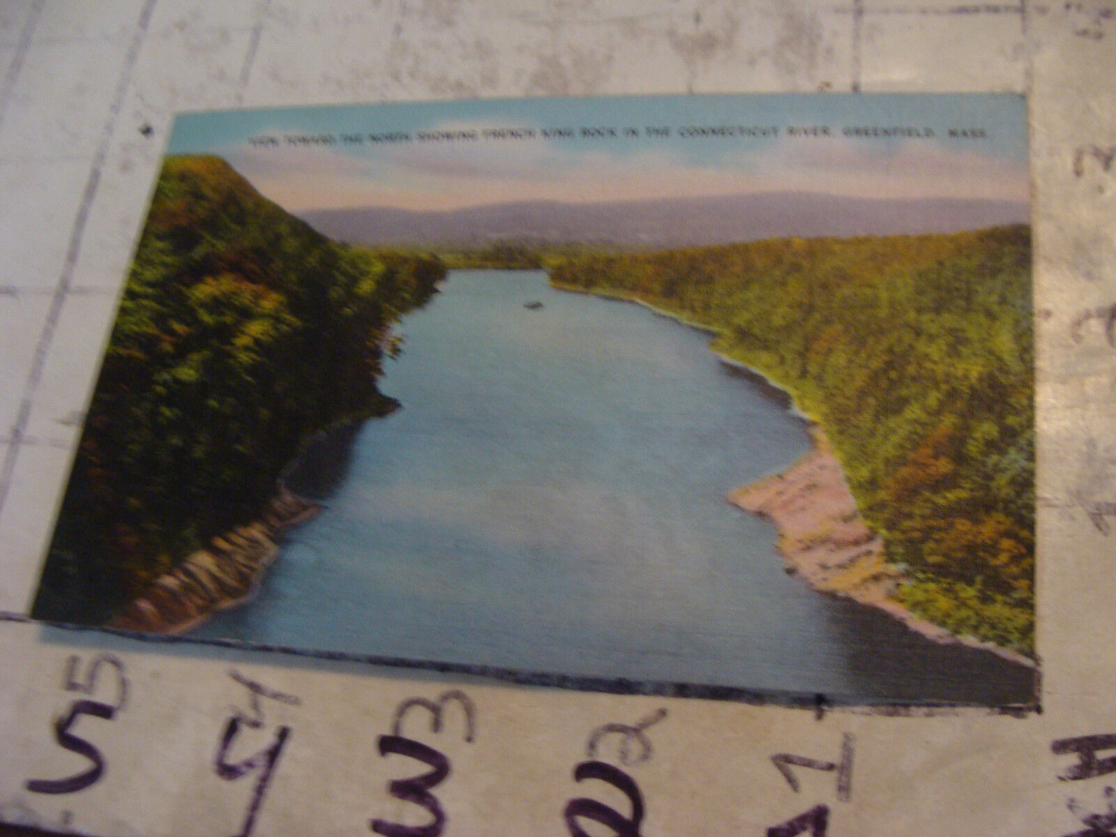 Orig Vint post card FRENCH KING ROCK in CONNECTICUT RIVER--GREENFIELD MASS 1942