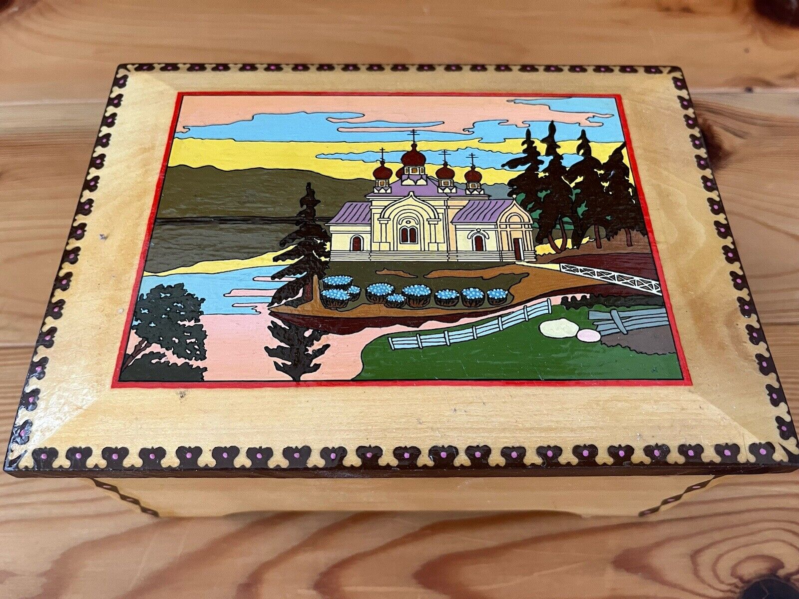 Russian Hand Made Painted & Carved Wooden Box Vintage
