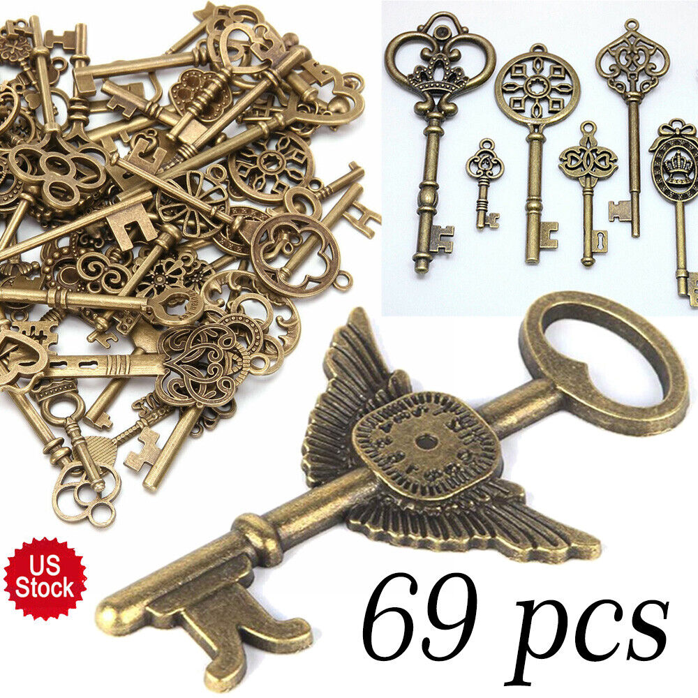 69 Pcs Set Antique Vintage Old Look Ornate Skeleton Key Fancy Heart Bow Decor NK