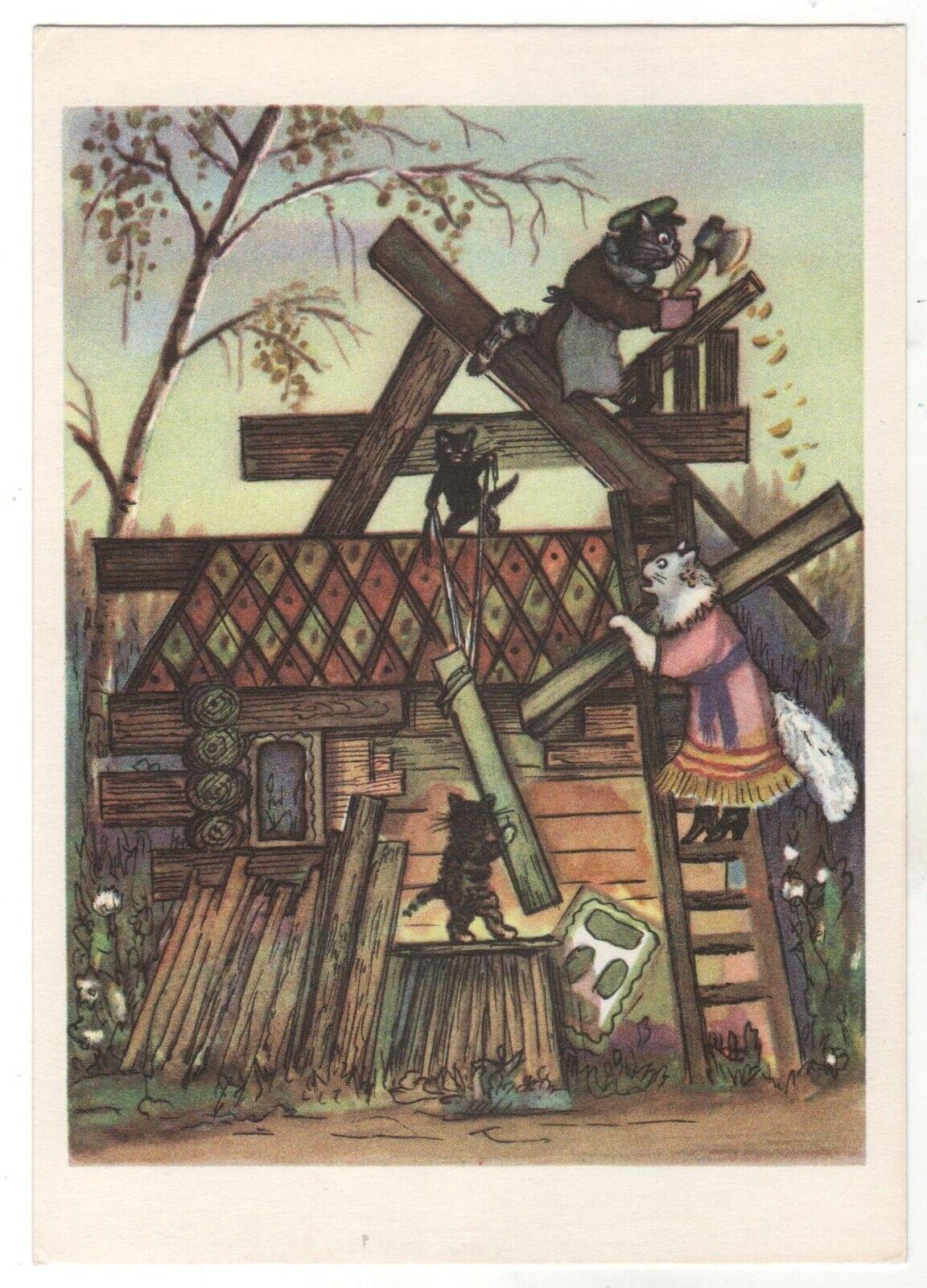 1974 Fairy Tale Kitty CAT's house build ART VASNETSOV RUSSIAN POSTCARD Old