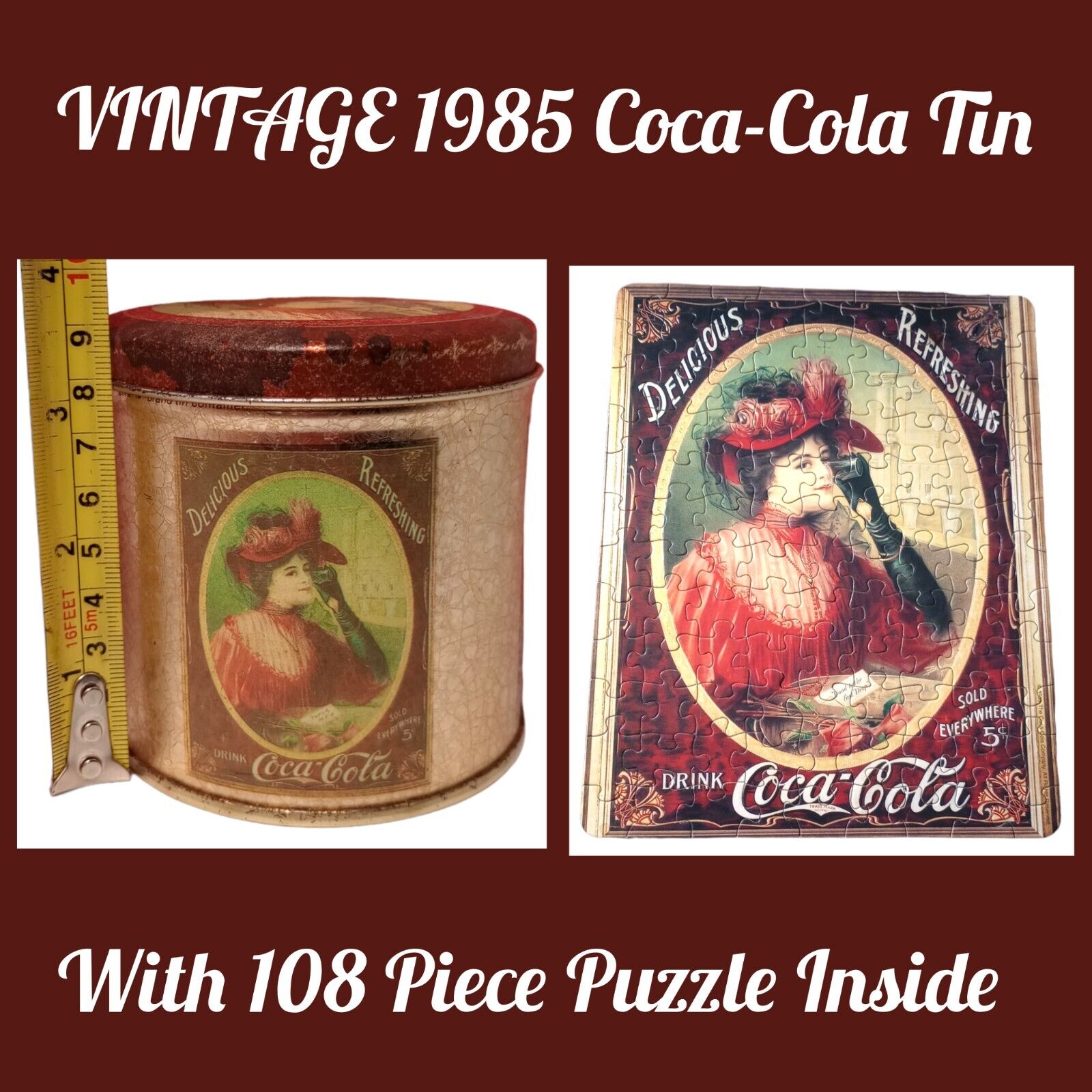 VINTAGE 1985 Advertising Coca-Cola Tin w/ Complete 108 Piece Puzzle Gibson Girl