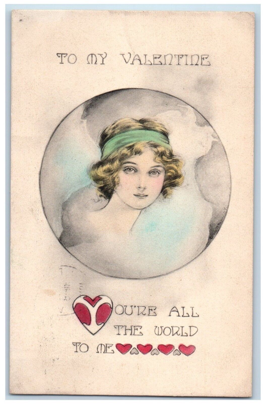 1912 Valentine Pretty Woman Curly Hair Hearts Pittsburgh PA Antique Postcard