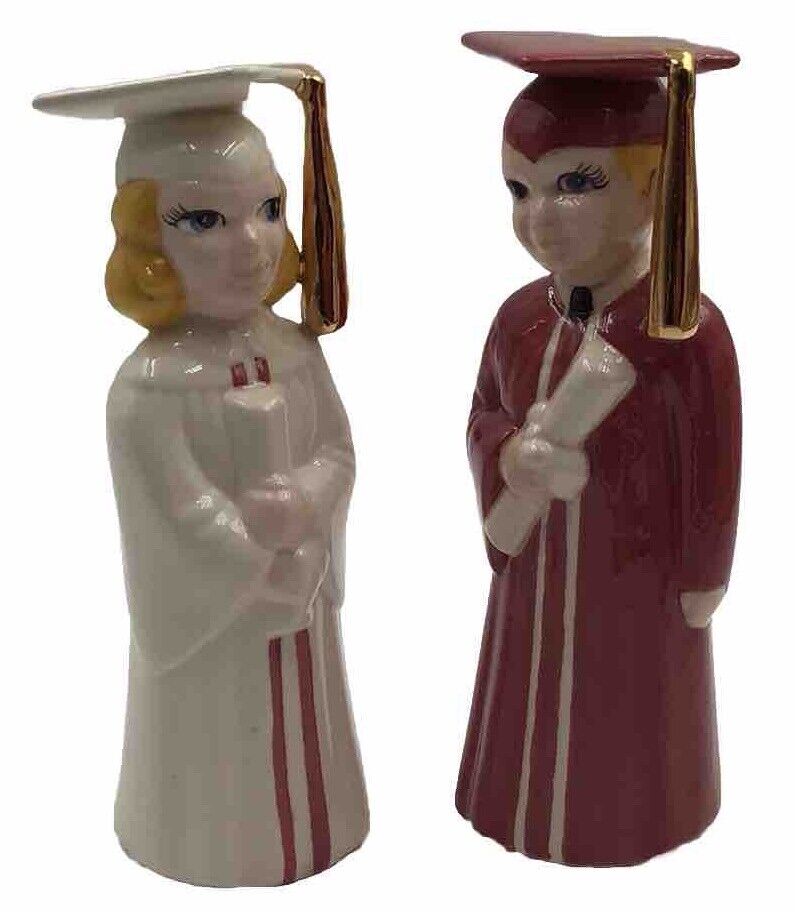 Girl And Boy With Diploma Graduation Statue Pair Vintage 7” 1950s Porcelain Nice