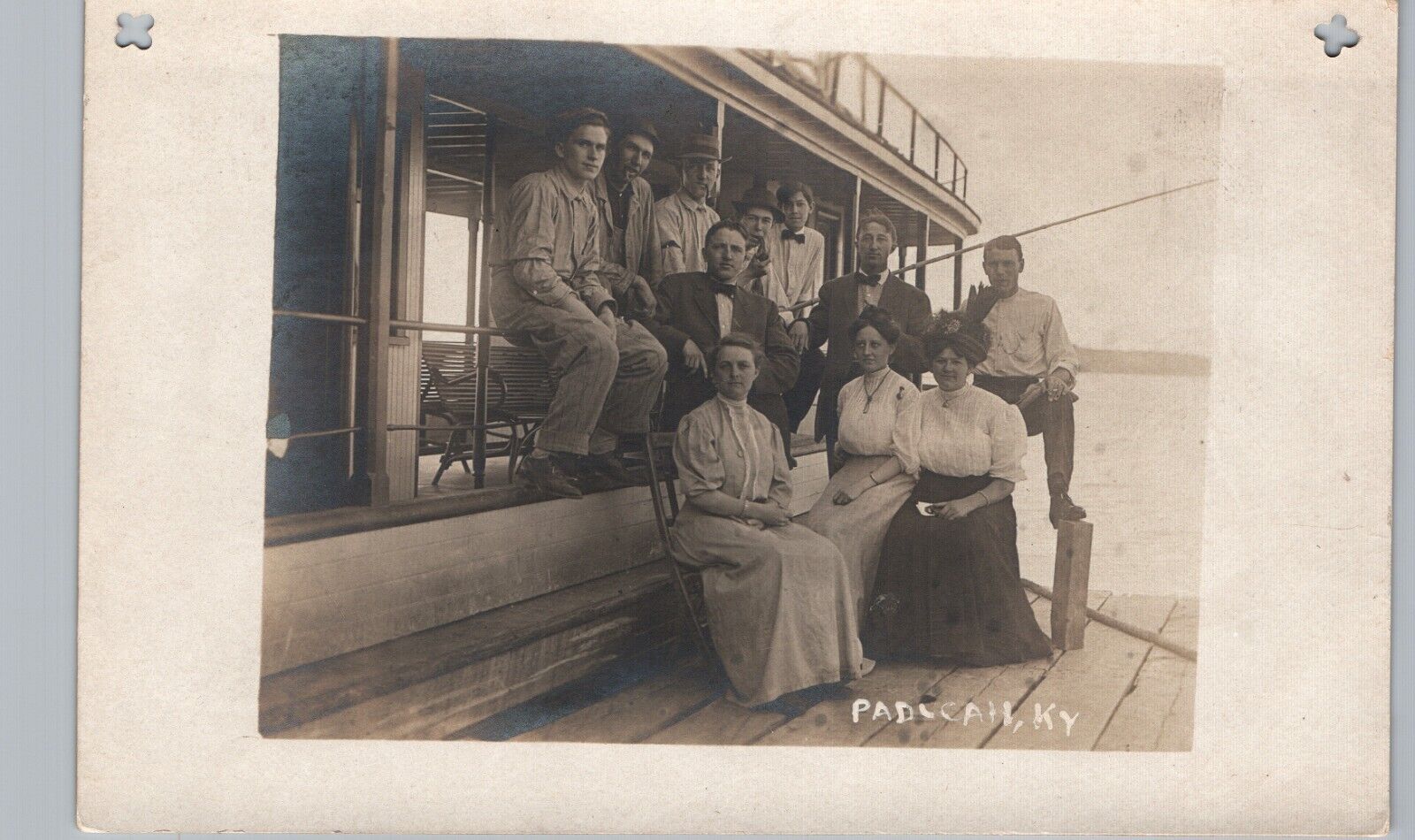 DOCKED STEAMBOAT OUTING PARTY paducah ky real photo postcard rppc kentucky fish