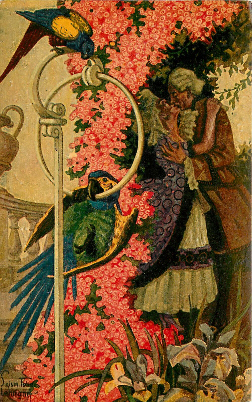 Art Nouveau Postcard Textured Parrots and Lovers Felix Lehmann Im Lenz 1014