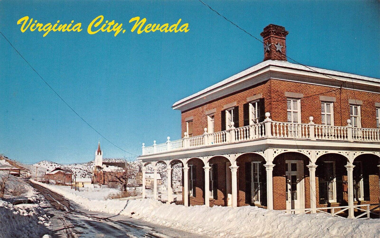 Winter Scene Snow Chollar Mansion Virginia City Nevada Chrome Postcard