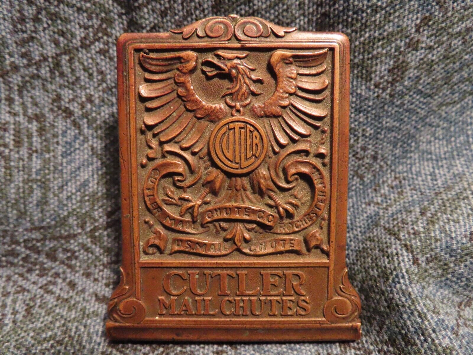 Rare Antique Bronze Cutler Mail Chute Advertising Clip 