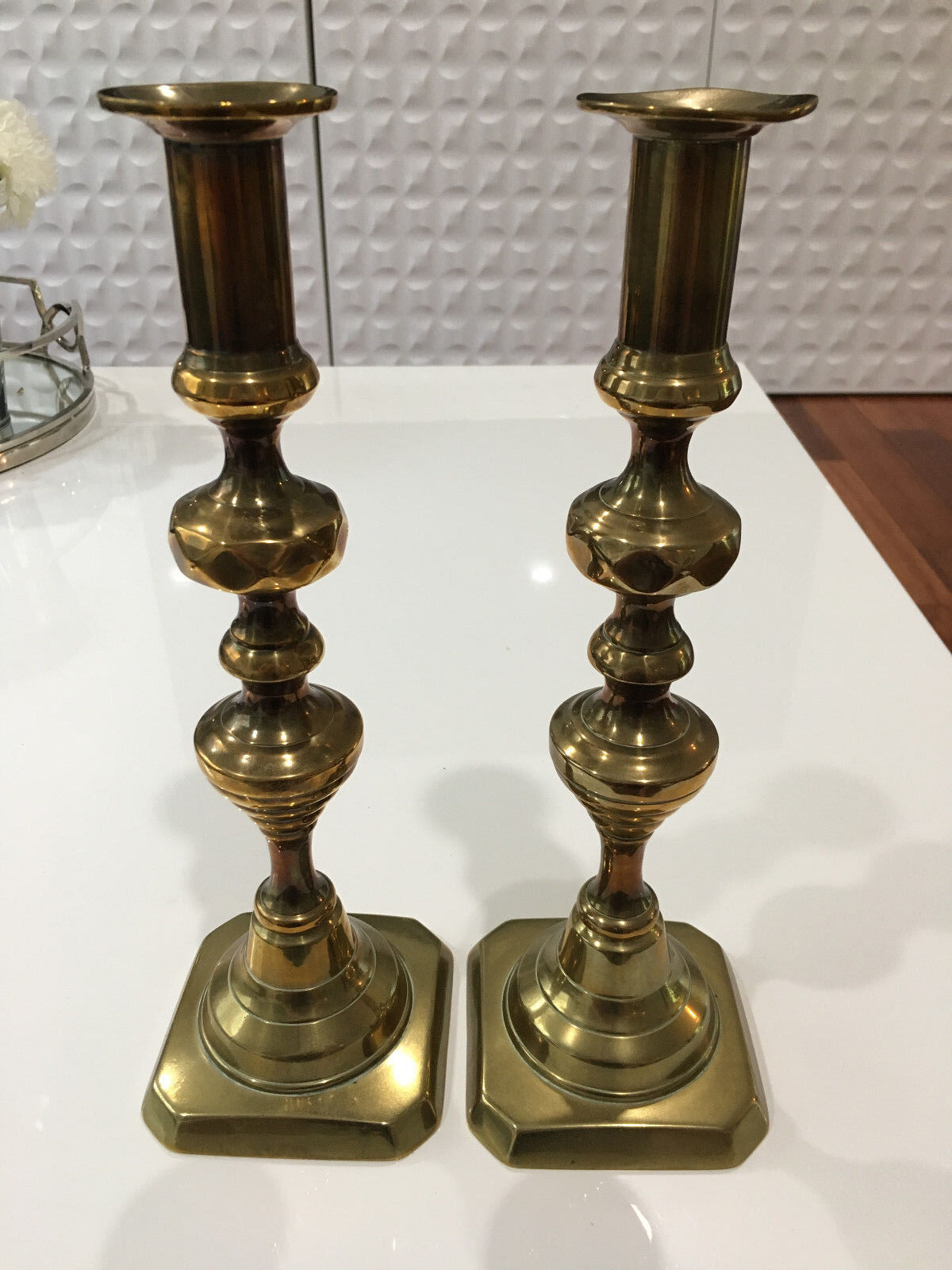 Antique 19th Cent. or Earlier Pair of Brass Candlesticks Candle Holders Beehive