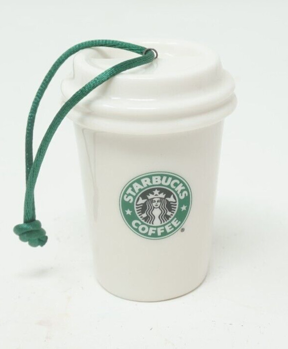 2011 Starbucks 2.5” Ceramic White To Go Coffee Cup Ornament w/ Green Siren Logo
