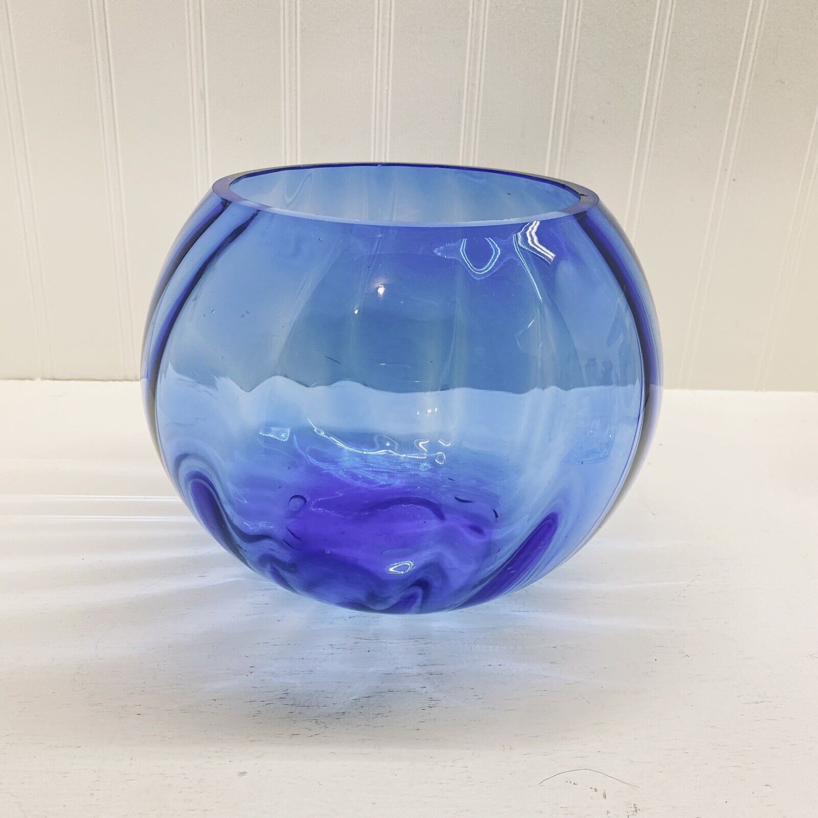 Vintage Hand Blown Cobalt Blue Optic Glass Bowl Vase