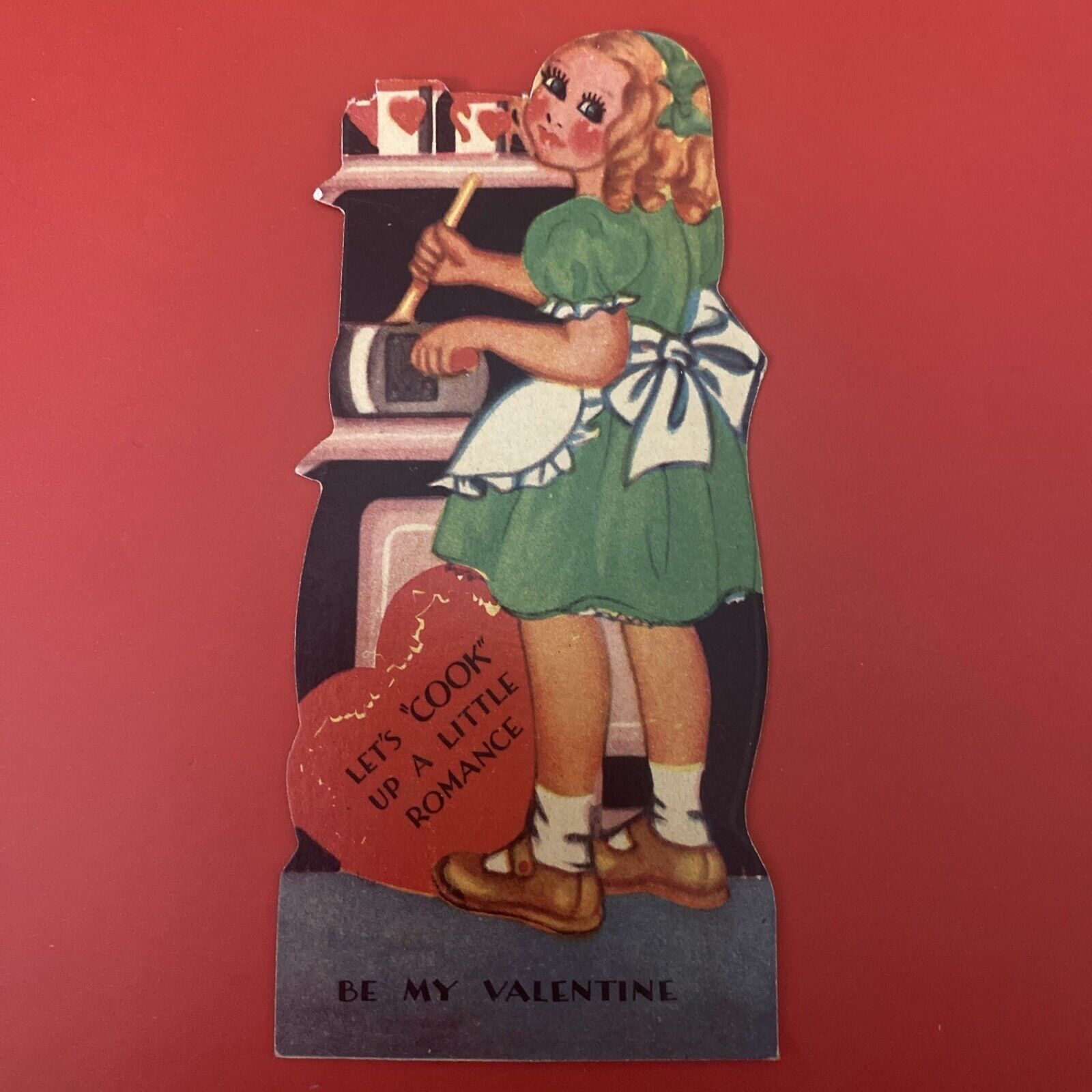 VTG Valentine- Girl Green Dress &Apron Cooking - Let’s Cook Up A Little Romance