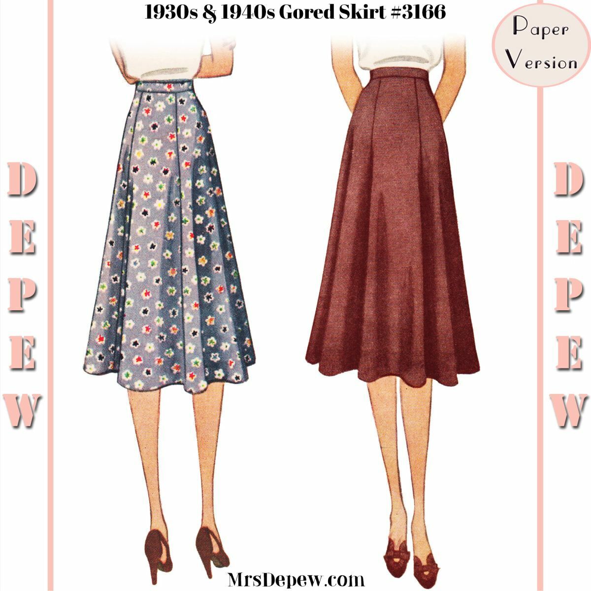 Vintage Sewing Pattern Ladies\' 1930s 1940s Skirt 24-38” Waist #3166