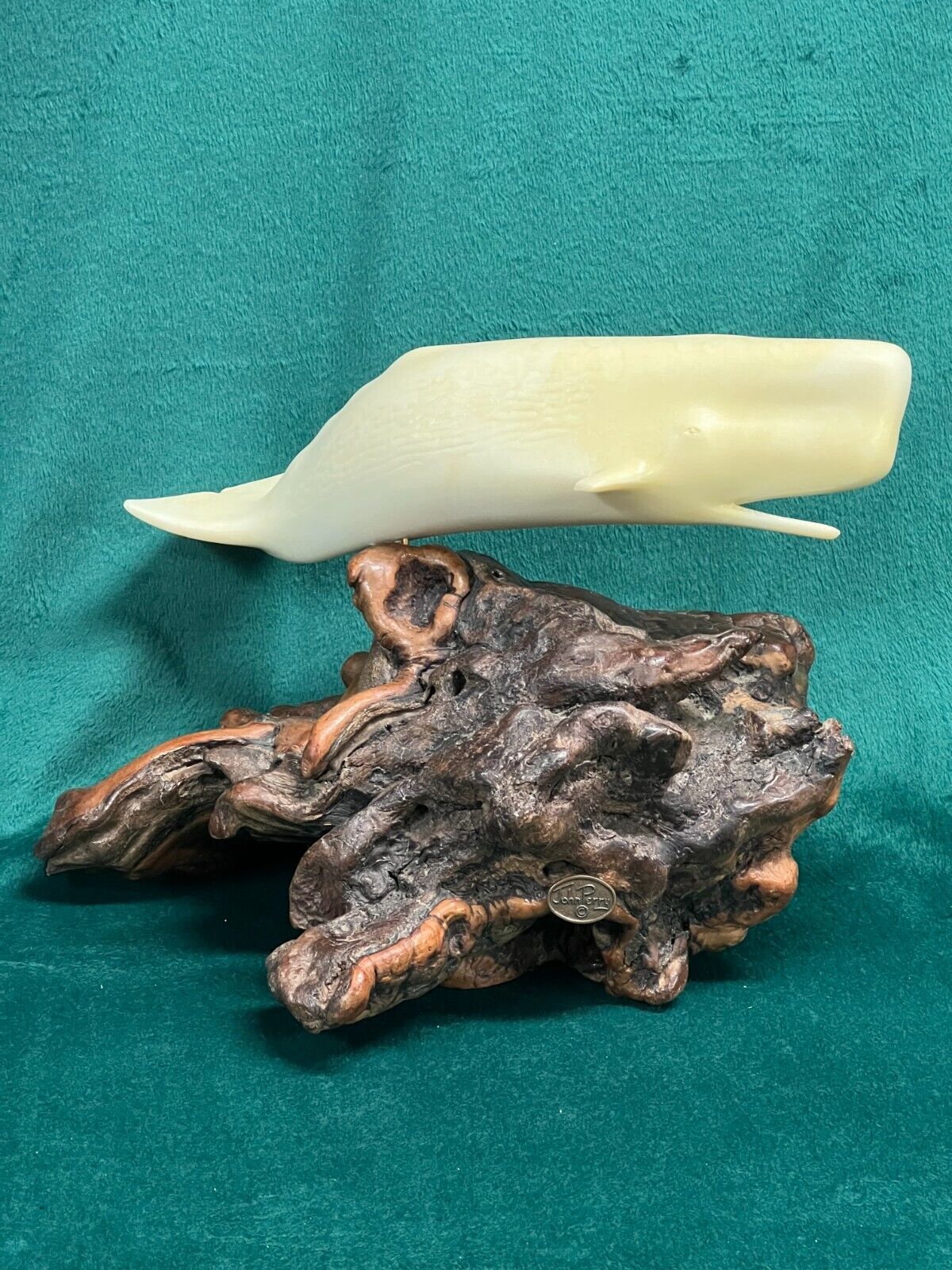 Vintage John Perry Sculpture of  Sperm Whale on Burl-Wood